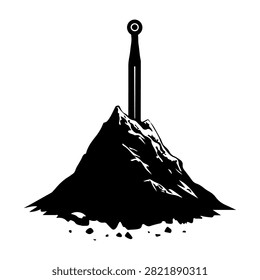 A black and white illustration of a mountain peak with a flagpole and flag at the summit, symbolizing achievement and exploration.