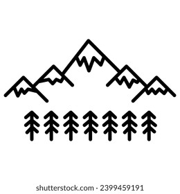 Black and white illustration of a mountain range with snow on their peaks, and trees in the foreground. The image is minimalist in style.