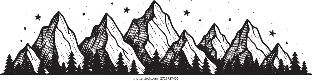 Una ilustración en blanco y negro de una cordillera con picos afilados, pinos y estrellas en el cielo.