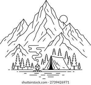 A black and white illustration of a mountain range with a tent pitched near a body of water surrounded by trees under a full moon


