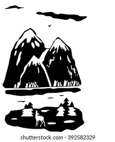 Black and white illustration of mountains with image of deer