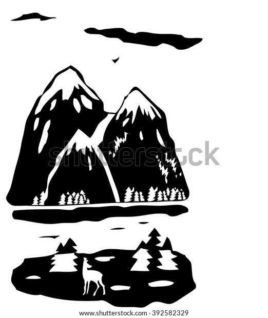 Black White Illustration Mountains Image Deer Stock Vector (Royalty ...