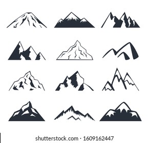 Black and white illustration of mountains. Mountains rocks landscapes monochrome set of flat images with isolated views of landmarks. Vector illustration