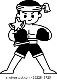 ilustração em preto e branco de Muay Thai boxer segurando um troféu