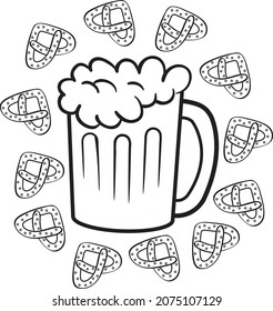 Black and white illustration of a mug of beer surrounded by tiny pretzels.
