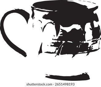 Illustration en noir et blanc d'une tasse. La tasse est pleine de liquide et a une poignée sur le côté gauche.