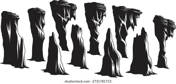 Black and white illustration of multiple tree trunks with varying heights and shapes