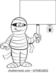 Black and white illustration of a mummy holding a sign with a spider.