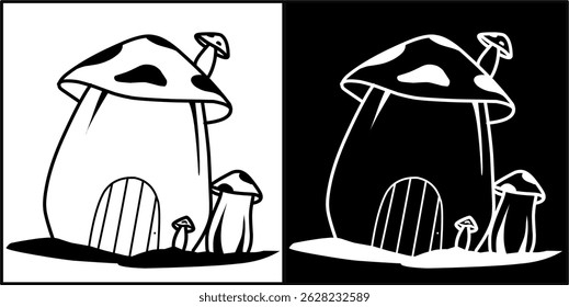 ilustração em preto e branco de casa de cogumelos
