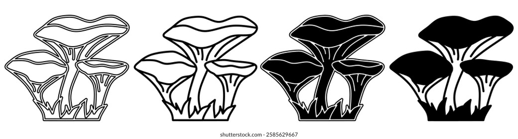 Black and white illustration of a mushroom. Mushroom icon collection with line. Stock vector illustration.