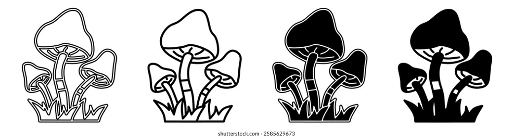 Black and white illustration of a mushroom. Mushroom icon collection with line. Stock vector illustration.