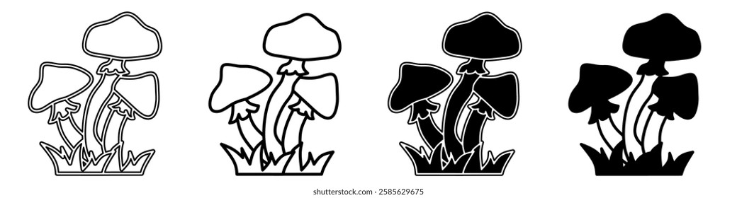 Black and white illustration of a mushroom. Mushroom icon collection with line. Stock vector illustration.