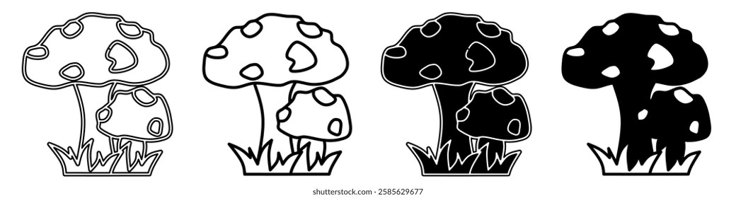 Black and white illustration of a mushroom. Mushroom icon collection with line. Stock vector illustration.