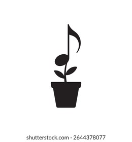 A black and white illustration of a music note growing out of a plant pot on a white background