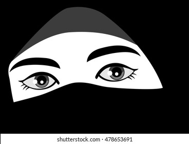 Black and white illustration of muslim woman wearing hijab or niqab