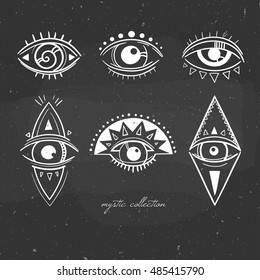 black and white illustration with mystical signs with eyes, esoteric symbols with stylized eyes hand drawn on a chalkboard, vector illustration