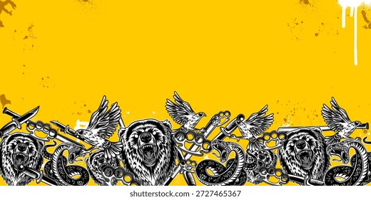 Ilustración en blanco y negro de criaturas y armas míticas sobre un vibrante fondo amarillo grunge, con serpientes, pájaros y adornado estilo de fondo de graffiti decorativo
