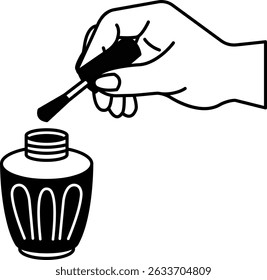 black and white illustration a nail polish bottle and hand holding nail polish brush