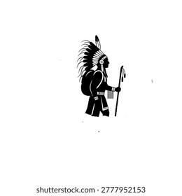 Black and white illustration of a Native American warrior in traditional headdress, carrying a backpack and a spear.