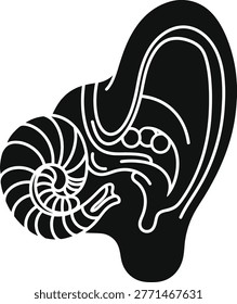 A black and white illustration of a nautilus shell emerging from an ear, showcasing a unique blend of organic and human elements in a striking monochromatic style.