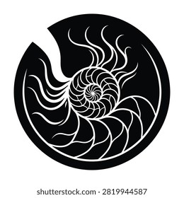 a black and white illustration of a nautilus shell spiral design abstract symbol