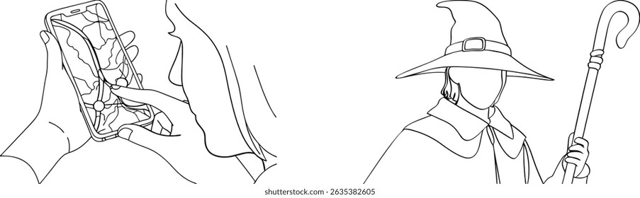 Black and white illustration of navigation on a phone and a person with a staff