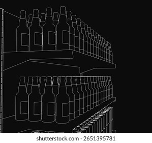 Black and white illustration of neatly arranged beer bottles on a shelf, showcasing a well-organized store display. The bottles are aligned in rows, highlighting their uniform shapes and labels.