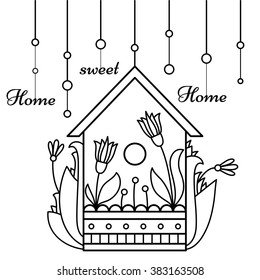 Black and white illustration of a nesting box. Vector.