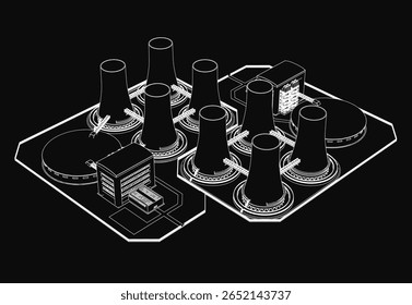 Ilustração em preto e branco de uma usina nuclear com vários edifícios e chaminés altas sob um céu escuro. O contraste acentuado destaca as estruturas industriais contra um negro profundo.