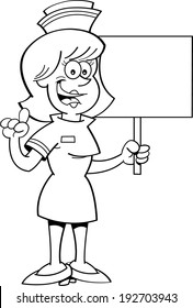 Black and white illustration of a nurse holding a sign.