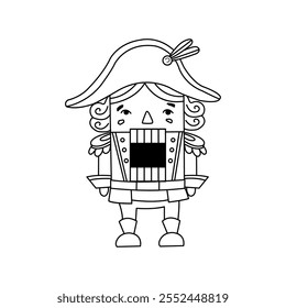 A black and white illustration of a nutcracker. Christmas coloring page.