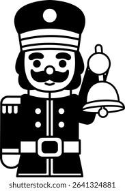 black and white illustration of a Nutcracker doll holding a bell