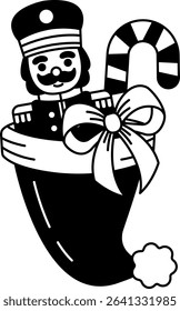 black and white illustration of a nutcracker in Santa Claus hat 