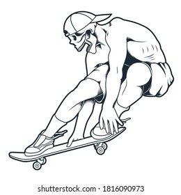 Black and white illustration with the object of a skateboarder doing a trick