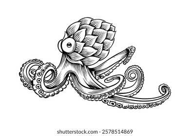 black and white illustration of octopus hops