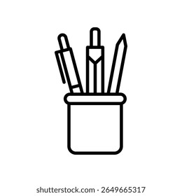 Black and White Illustration of Office Supplies in a Holder Icon