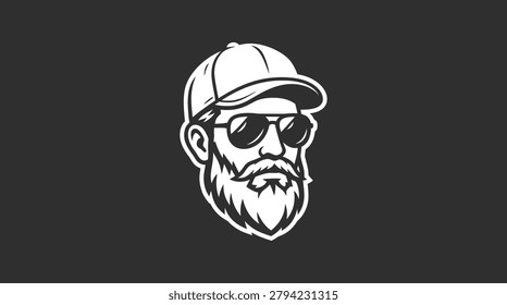 Black and white illustration of an old bearded man wearing sunglasses and a cap