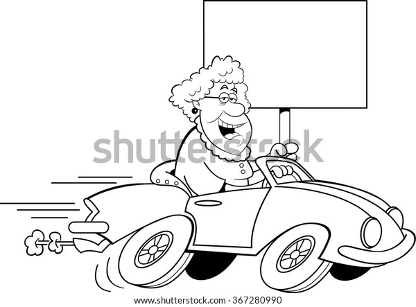 Black and white illustration of an old\
lady driving a sports car and holding a\
sign.