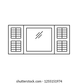 Black & White Illustration Of Old Louver Plantation Window Shutter. Vector Line Icon Of Wooden Vintage Outdoor Jalousie. Isolated Object On White Background