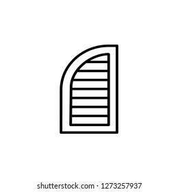 Black & White Illustration Of Old Louver Arch Window Shutter. Vector Line Icon Of Wooden Vintage Outdoor Jalousie. Isolated Object On White Background