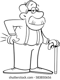 Black and white illustration of an old man leaning on a cane.