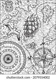 Black and white illustration of old map with sailboat, gull, unknown lands and islands, compass and wind rose. Vector vintage drawings, marine concept, coloring book page, t-shirt graphic 