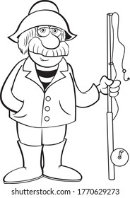Black and white illustration of an old sea captain holding a fishing pole.