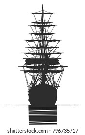 Black and white illustration of  old ship sailing from back view