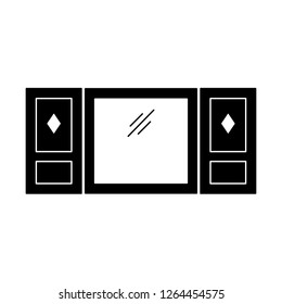 Black & white illustration of old window shutter. Vector flat icon of wooden vintage outdoor jalousie. Isolated object on white background