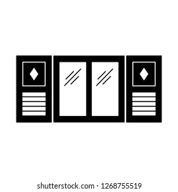 Black & white illustration of old window shutter. Vector flat icon of wooden vintage outdoor jalousie. Isolated object on white background