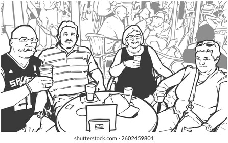 Black and white illustration of older couples sitting at table drinking and smiling