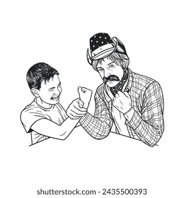A black and white illustration of an older man teaching a young boy how to arm wrestle.