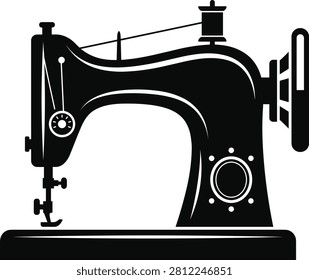 Black and white illustration of an oldfashioned sewing machine with detailed mechanical parts