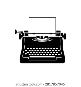 A black and white illustration of an old-fashioned typewriter with a blank sheet of paper in the carriage.